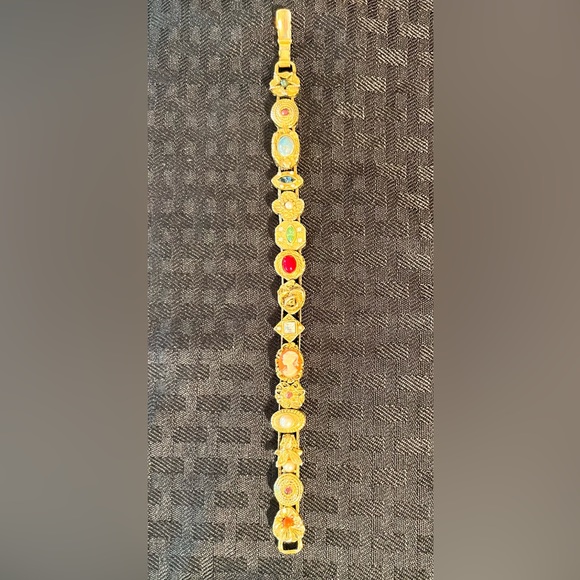 SOLD! Victorian Revival Gold Tone Slide Charm Bracelet with Uranium Glass - Picture 6 of 8